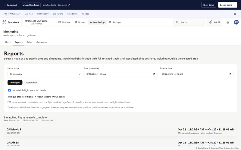 DroneLook Command site report search for the Downtown LA demonstration, using the same sample flights and four nodes