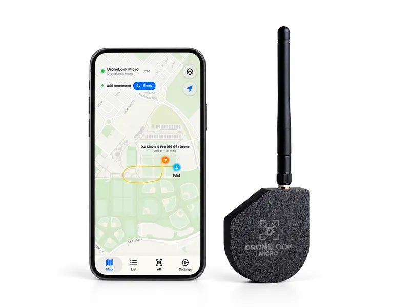 DroneLook Micro receiver beside a phone showing a drone flight path and its reported pilot in the DroneLook app