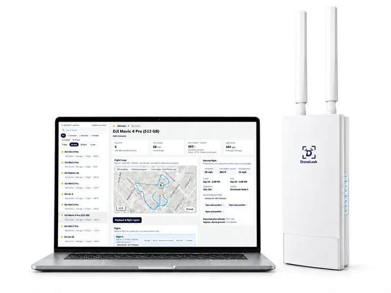 DroneLook node beside a laptop displaying a flight map and history in DroneLook Command